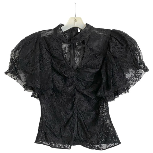 Osman Yousefzada Black Lace Top Ruffle Sleeve Blouse Size 6 - Picture 6 of 9